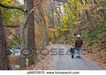 Stock Image - Grandfather and granddaughter walking in forest. Fotosearch