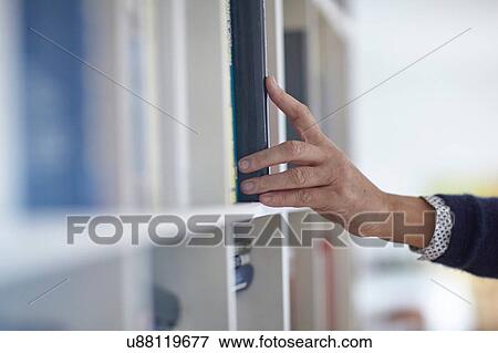 Hand of mature woman selecting book from bookshelves View Large Photo Image Stock Photo - Hand of mature woman selecting book from bookshelves. Fotosearch