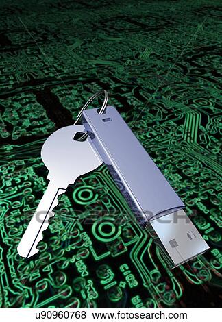 Stock Photo - Key with usb device and circuit board. Fotosearch