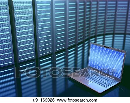 Stock Photograph - Laptop computer and servers. Fotosearch