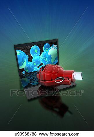 Stock Photo - Laptop with grenade and usb device. Fotosearch