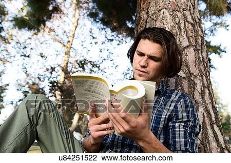 Stock Image - Low angle view of young man sitting against tree reading book. Fotosearch