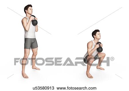 Drawing - Person using kettlebell, illustration. Fotosearch