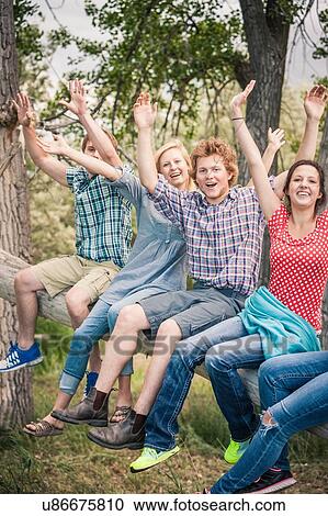 Stock Image - Portrait of teenage girl and young adult friends sitting on fallen tree with hands raised. Fotosearch