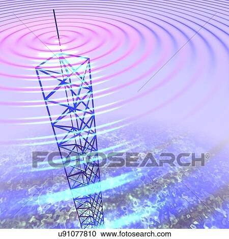 Stock Image - Radio waves and transmission tower. Fotosearch