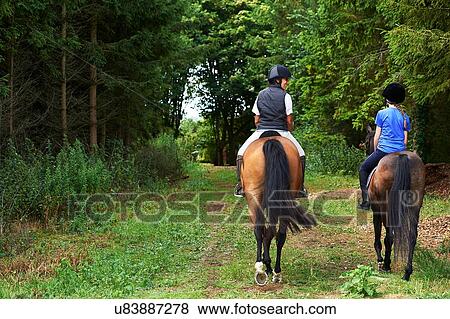Rear view of mature woman and girl horse riding View Large Photo Image Stock Photo - Rear view of mature woman and girl horse riding. Fotosearch