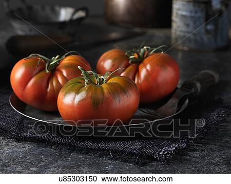 Red beef tomatoes on vintage metal plate View Large Photo Image Stock Image - Red beef tomatoes on vintage metal plate. Fotosearch