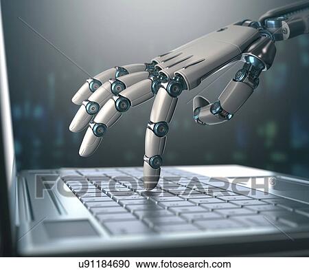 Stock Image - Robotic hand using a laptop computer. Fotosearch
