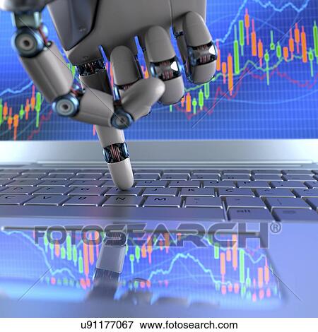 Stock Photo - Robotic hand using a laptop computer. Fotosearch