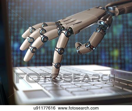 Stock Photograph - Robotic hand using a laptop computer. Fotosearch