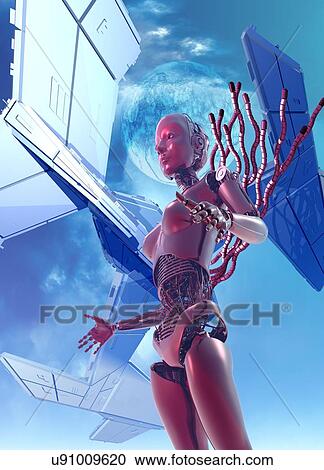 Stock Image - Robotic woman and spacecraft. Fotosearch