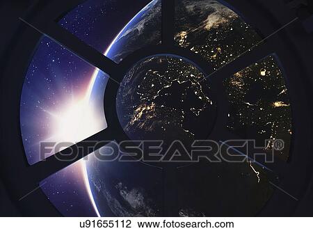 Stock Image - Round window with view of Earth. Fotosearch