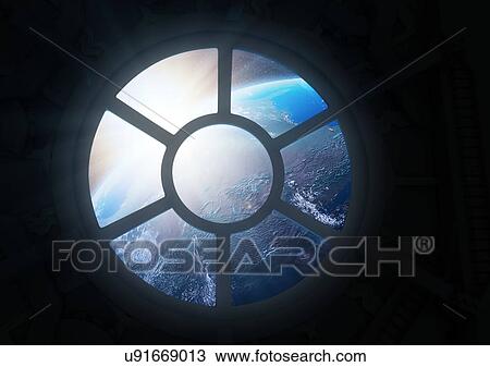 Stock Image - Round window with view of Earth. Fotosearch