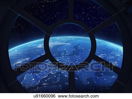 Stock Photograph - Round window with view of Earth. Fotosearch