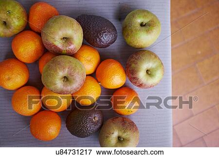 "Selection of fruit on table, overhead view" View Large Photo Image Stock Photo - "Selection of fruit on table, overhead view". Fotosearch
