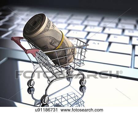 Stock Image - Shopping trolley with American dollars. Fotosearch