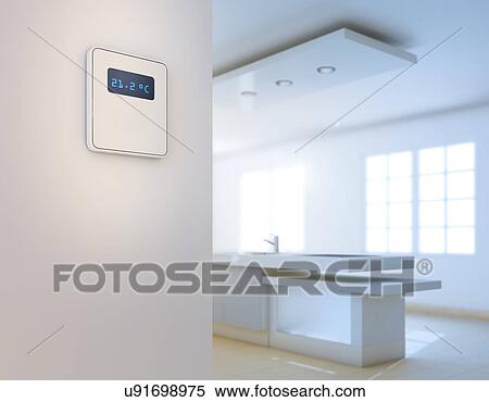 Stock Photography - Smart thermostat in domestic kitchen. Fotosearch