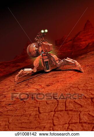 Stock Image - Space craft landing on a red planet. Fotosearch