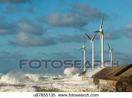 Stormy ocean waves splashing wind turbines on harbour wall, Boulogne-sur-Mer, Pas de Calais, France View Large Photo Image Stock Photography - Stormy ocean waves splashing wind turbines on harbour wall, Boulogne-sur-Mer, Pas de Calais, France. Fotosearch