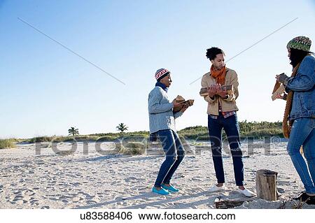 "Three friends on beach, holding fire wood, preparing fire" View Large Photo Image Stock Photograph - "Three friends on beach, holding fire wood, preparing fire". Fotosearch