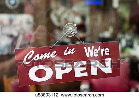View through window of open sign in shop View Large Photo Image Stock Image - View through window of open sign in shop. Fotosearch