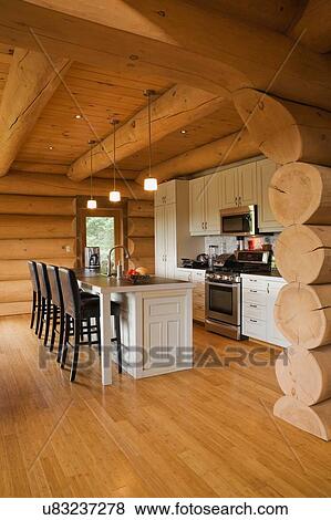 Stock Photo - White kitchen cabinets and island and barstools in kitchen of a Scandinavian cottage style log home. Fotosearch
