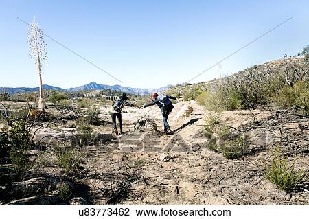 Stock Image - "Young couple outdoors, hiking, holding hands, rear view". Fotosearch