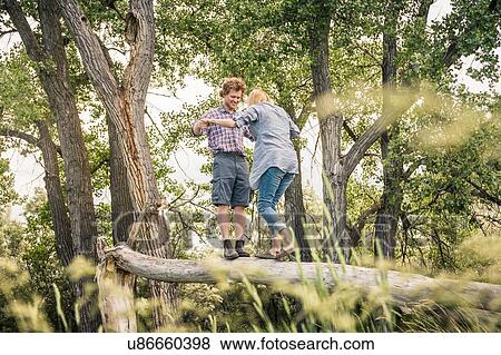 Young man with girlfriend balancing together on fallen tree View Large Photo Image Stock Photo - Young man with girlfriend balancing together on fallen tree. Fotosearch