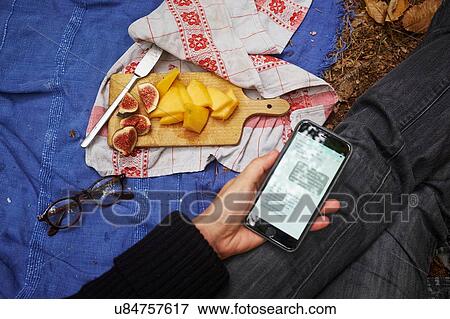 "Young woman having picnic outdoors, using smartphone, mid section, elevated view" View Large Photo Image Stock Photo - "Young woman having picnic outdoors, using smartphone, mid section, elevated view". Fotosearch