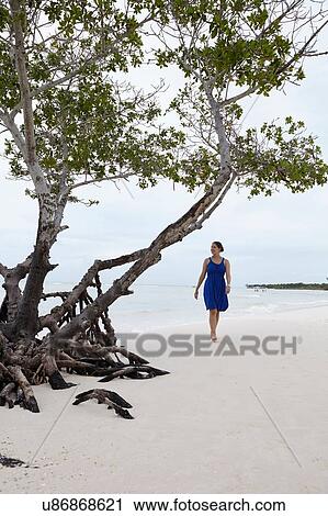 Stock Image - Young woman strolling along beach, Cuba. Fotosearch