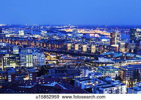 Stock Photo - Aerial view of Hamburg with Speicherstadt Hamburg, Germany. Fotosearch