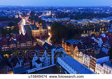 Picture - Aerial view of Lubeck with Holstentor Lubeck, Schleswig-Holstein, Germany. Fotosearch