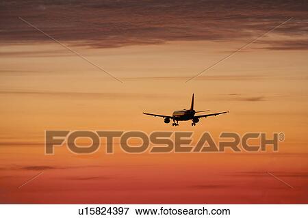 Stock Photo - Airplane against orange sky. Fotosearch
