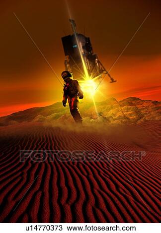 Stock Image - Astronaut and vehicle on planet surface. Fotosearch