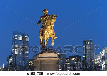 Stock Image - Boston Public Garden, Statue of George Washington on horse at dusk. Fotosearch