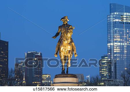 Stock Photograph - Boston Public Garden, Statue of George Washington on horse at dusk. Fotosearch