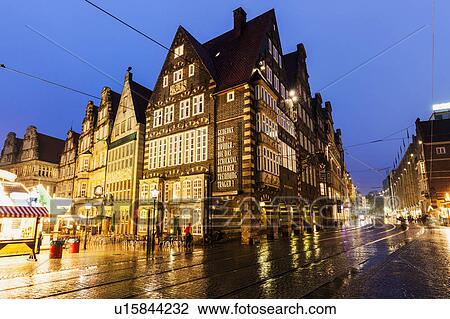 Stock Image - Bremen Market Square during rainy evening Bremen, Germany. Fotosearch