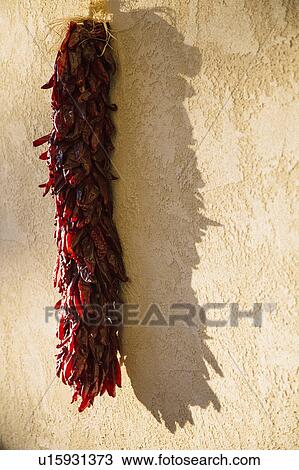 Stock Image - Bunch of red chili peppers drying on stucco wall. Fotosearch