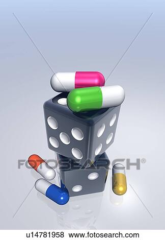Stock Photo - Capsules on top of dice. Fotosearch