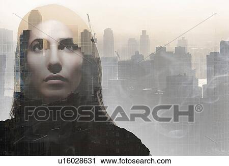 Double exposure of young woman's face over cityscape View Large Photo Image Stock Image - Double exposure of young woman's face over cityscape. Fotosearch