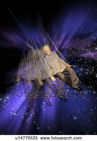 Stock Photography - Einstein on a swing in space. Fotosearch