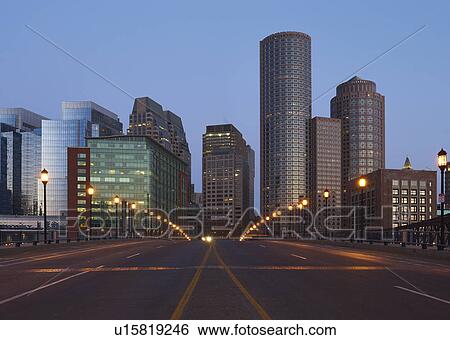 Stock Photograph - Empty city street with financial district in background. Fotosearch