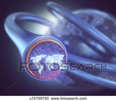 Stock Image - Fibre optic world map, illustration. Fotosearch