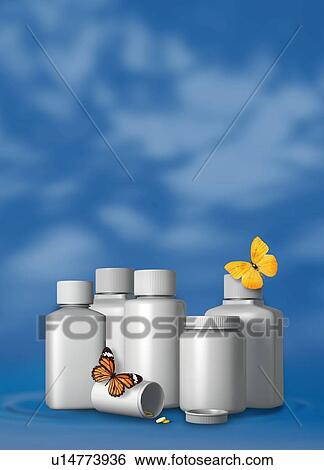Stock Photograph - Generic pill bottles and butterflies. Fotosearch