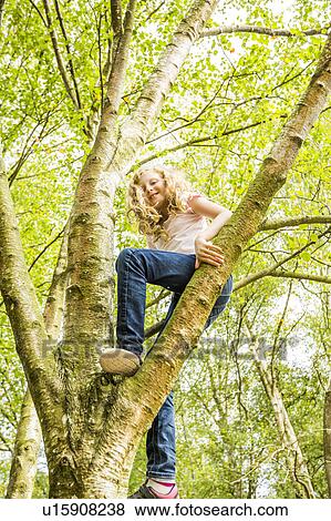 Girl (8-9) climbing tree View Large Photo Image Stock Photo - Girl (8-9) climbing tree. Fotosearch