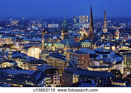 Stock Photo - Hamburg churches and Town Hall towers Hamburg, Germany. Fotosearch