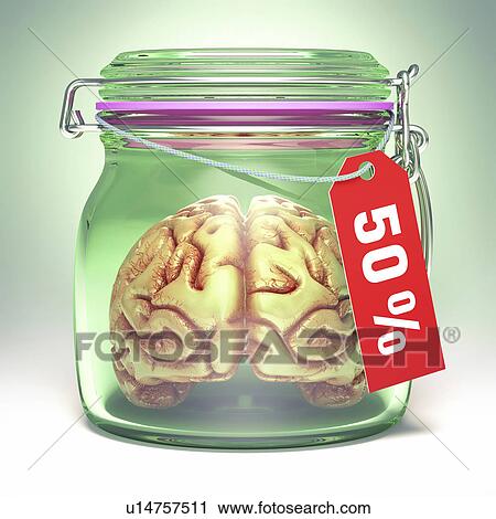 Stock Image - Human brain in glass jar with sale label. Fotosearch