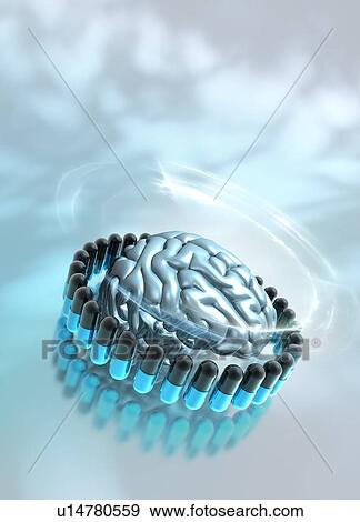 Stock Photo - Human brain with capsules. Fotosearch