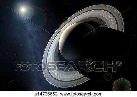 Stock Image - Impression of Saturn and Ringshine. Fotosearch