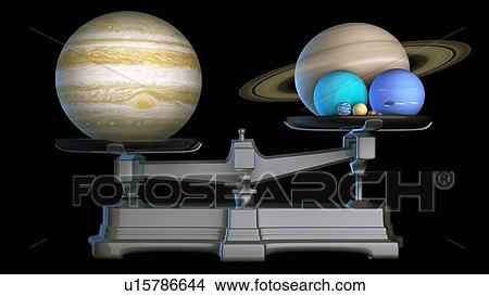 Picture - Jupiter compared with planets on scales. Fotosearch